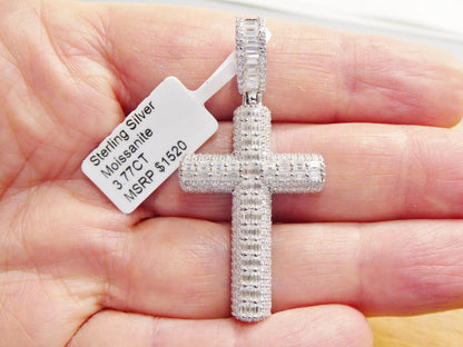 Real 925 Sterling Silver 22 Inch Flat Chain and Moissanite Cross Pendent Charm