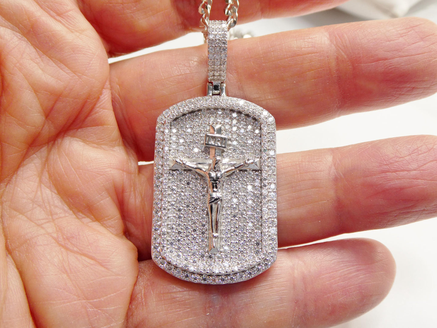 Real 925 Sterling Silver 22 Inch Flat Chain and Moissanite Cross Medallion Pendent Charm