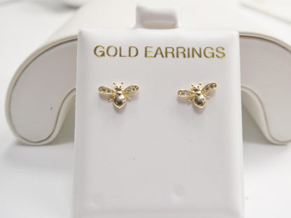 10k Real Solid Yellow Gold Push Back Bee Earrings