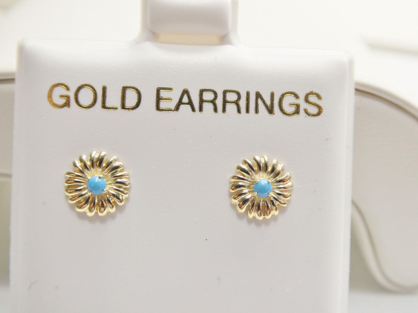 Real 10k Solid Yellow Gold Turquoise Floral Push Post Earrings