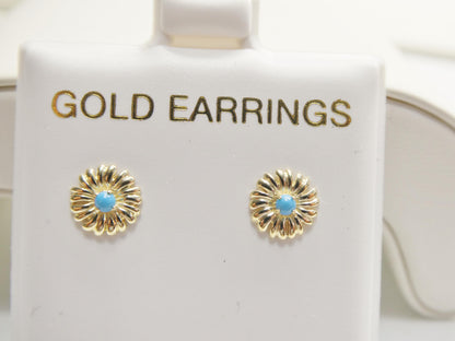 Real 10k Solid Yellow Gold Turquoise Floral Push Post Earrings