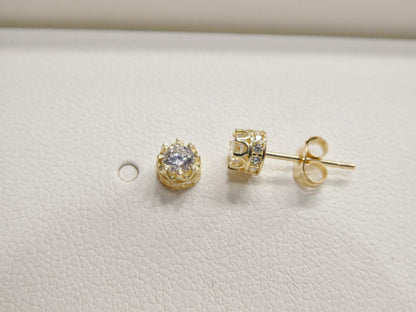 Real 10k Solid Yellow Gold Small Crown Style Push Post Circle Stud Earrings