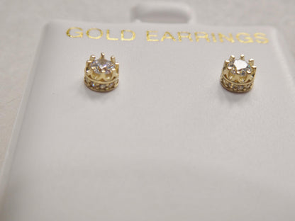 Real 10k Solid Yellow Gold Small Crown Style Push Post Circle Stud Earrings