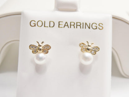 10k Real Solid Yellow Gold Push Back Honey Bee Pearl Earrings