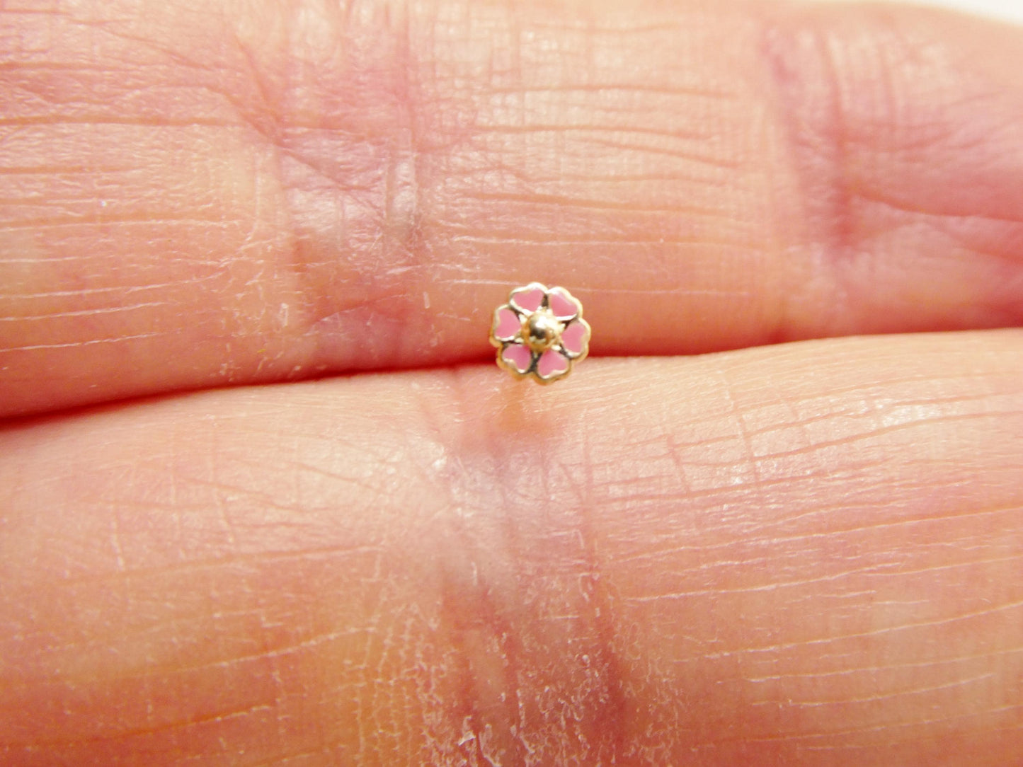 14k Real Solid Yellow Gold Pink Flower Nose Rings