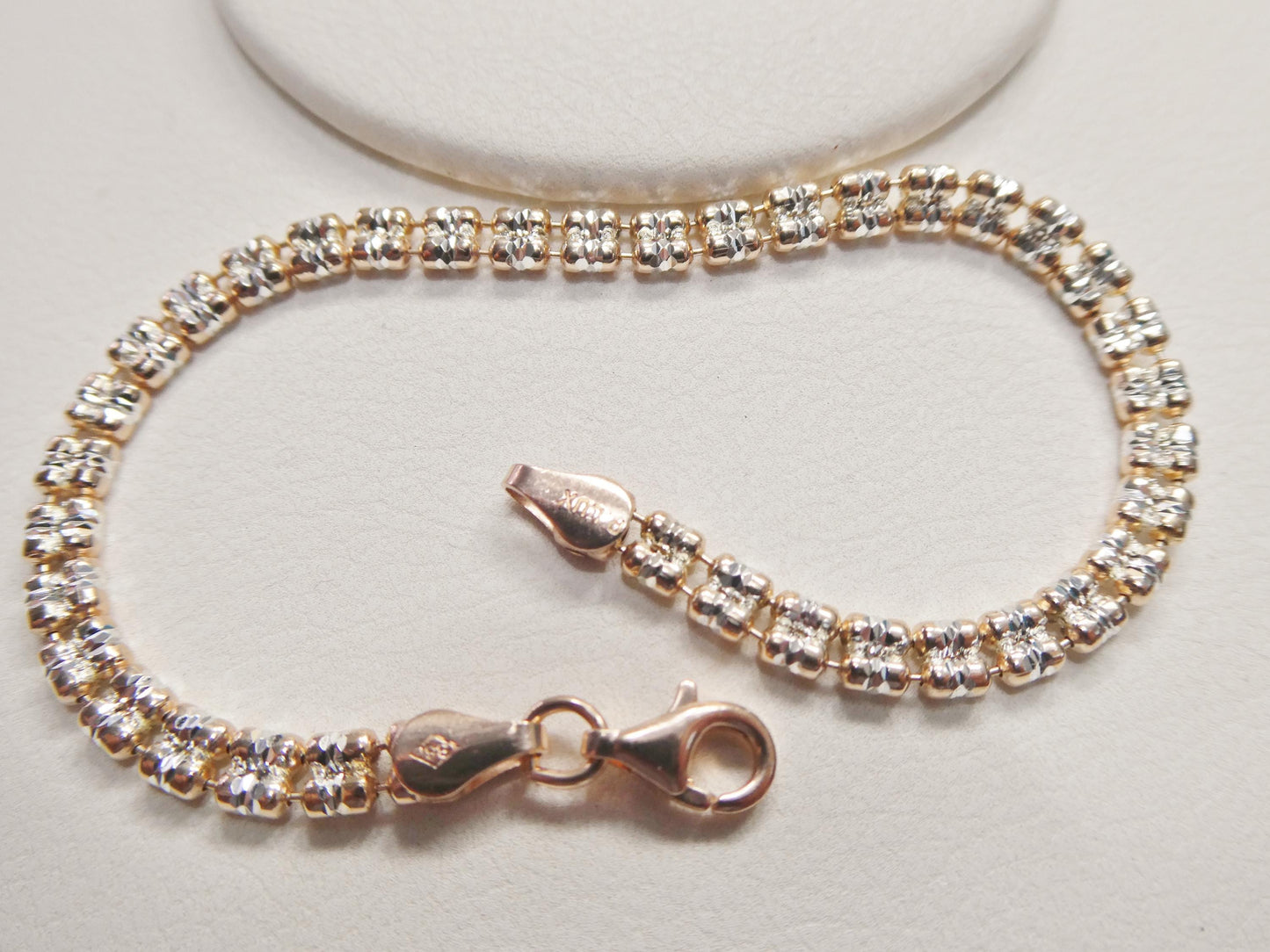 Real 925 Sterling Silver 2 Line Flat Diamond Cut Ice Link Rose Gold Bracelet