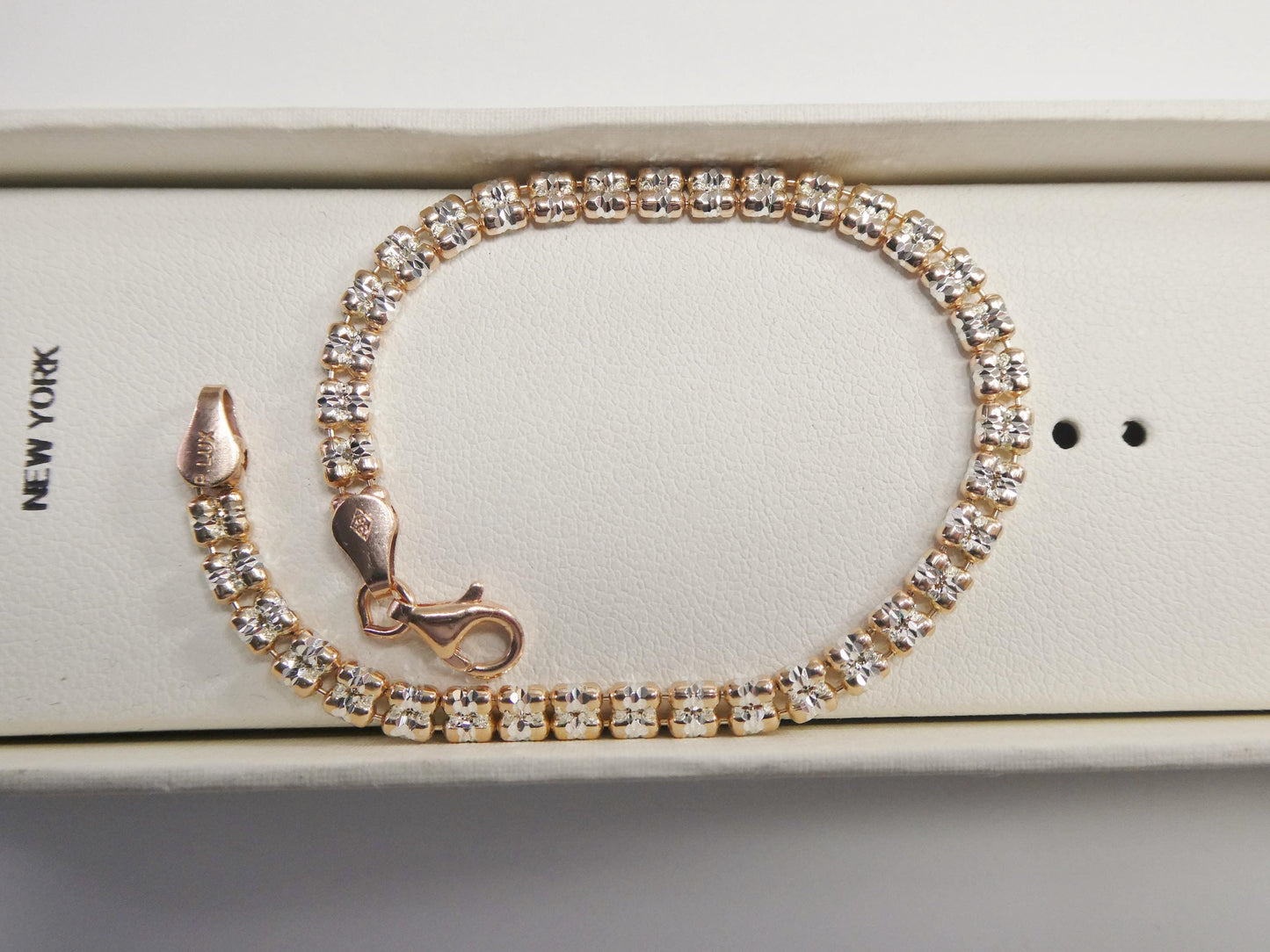 Real 925 Sterling Silver 2 Line Flat Diamond Cut Ice Link Rose Gold Bracelet