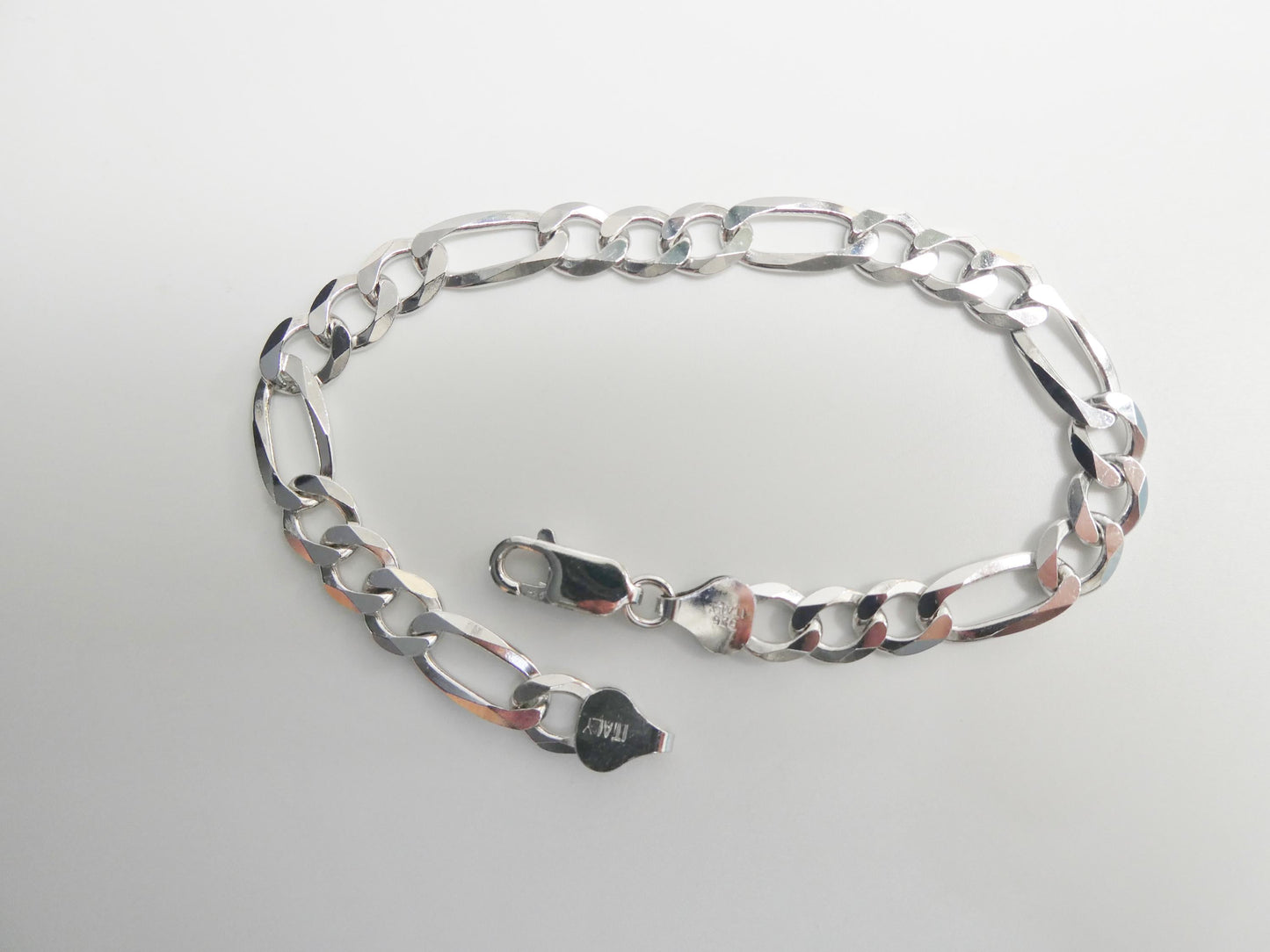 Real 925 Sterling Silver 8 Inch Figaro Concave Bracelet