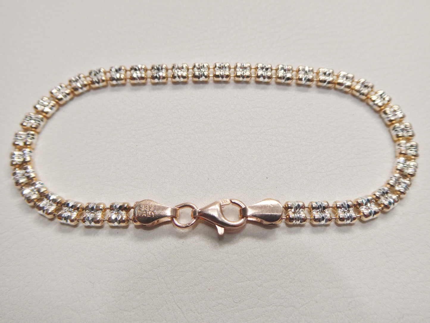 Real 925 Sterling Silver 2 Line Flat Diamond Cut Ice Link Rose Gold Bracelet