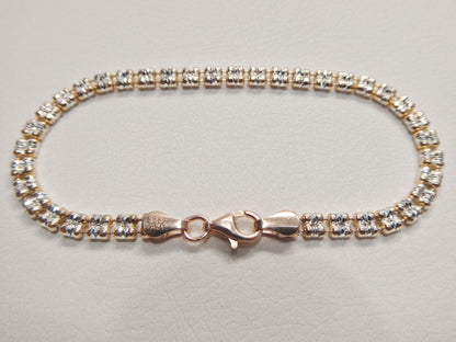 Real 925 Sterling Silver 2 Line Flat Diamond Cut Ice Link Rose Gold Bracelet