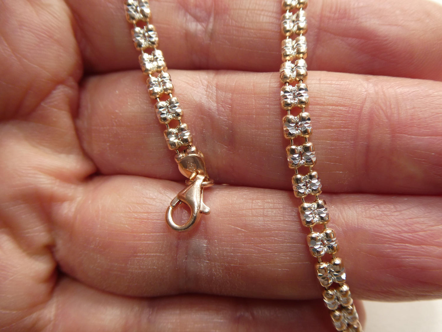 Real 925 Sterling Silver 2 Line Flat Diamond Cut Ice Link Rose Gold Bracelet