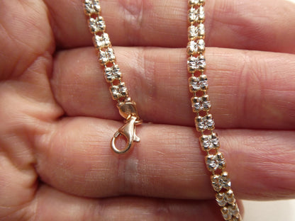 Real 925 Sterling Silver 2 Line Flat Diamond Cut Ice Link Rose Gold Bracelet
