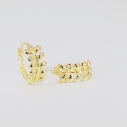 Real 10k Solid Yellow Gold Fancy Hoop Huggies Leaf Earrings